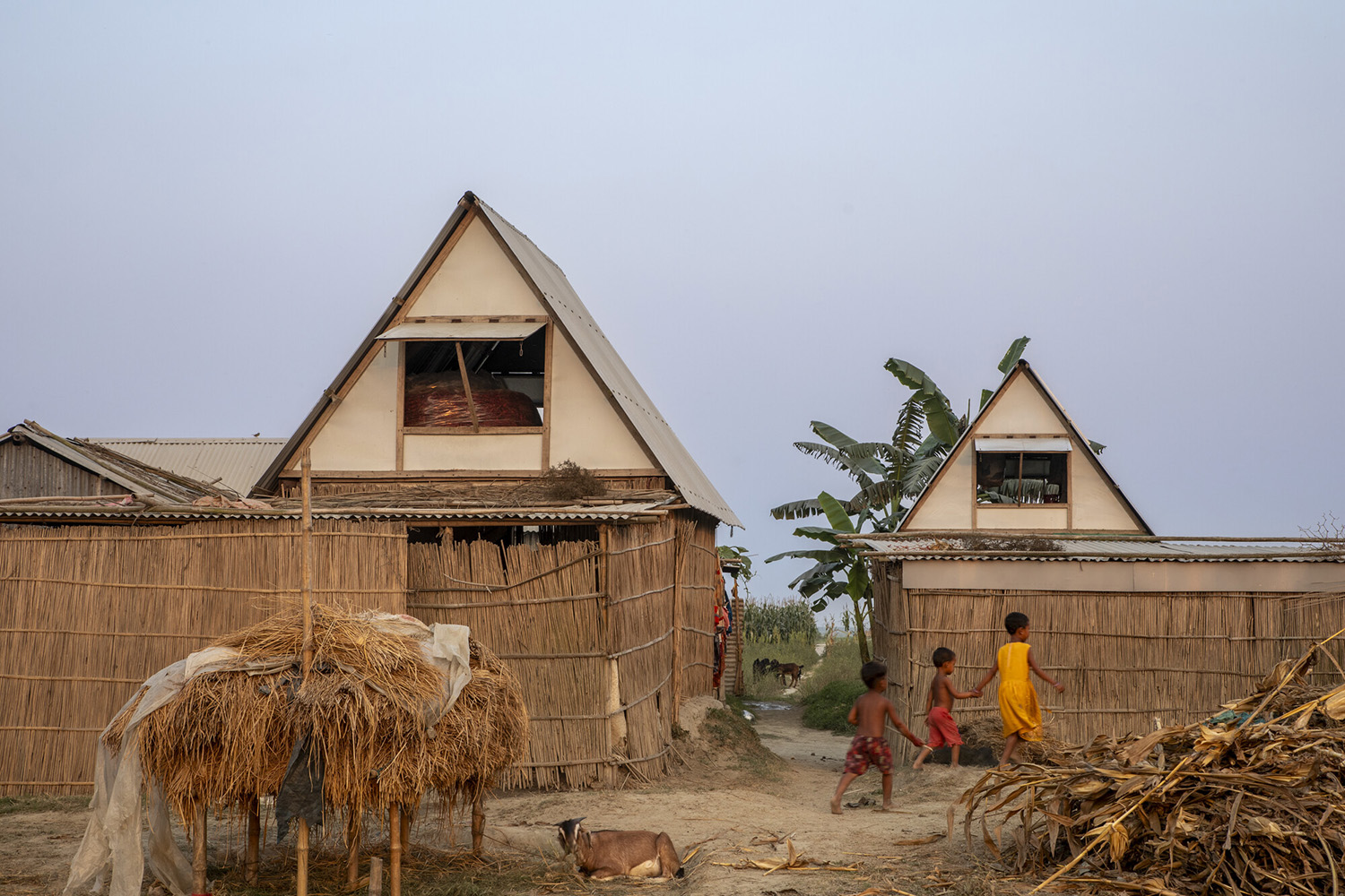 Khudi Bari modular bamboo shelter on the chars of the Meghna River
